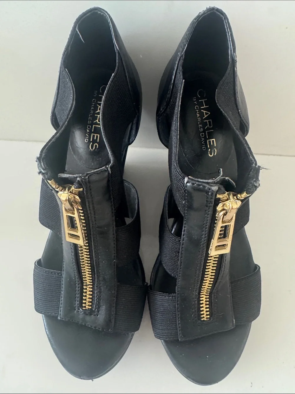 Charles David Black Sandal with Gold Front Zipper